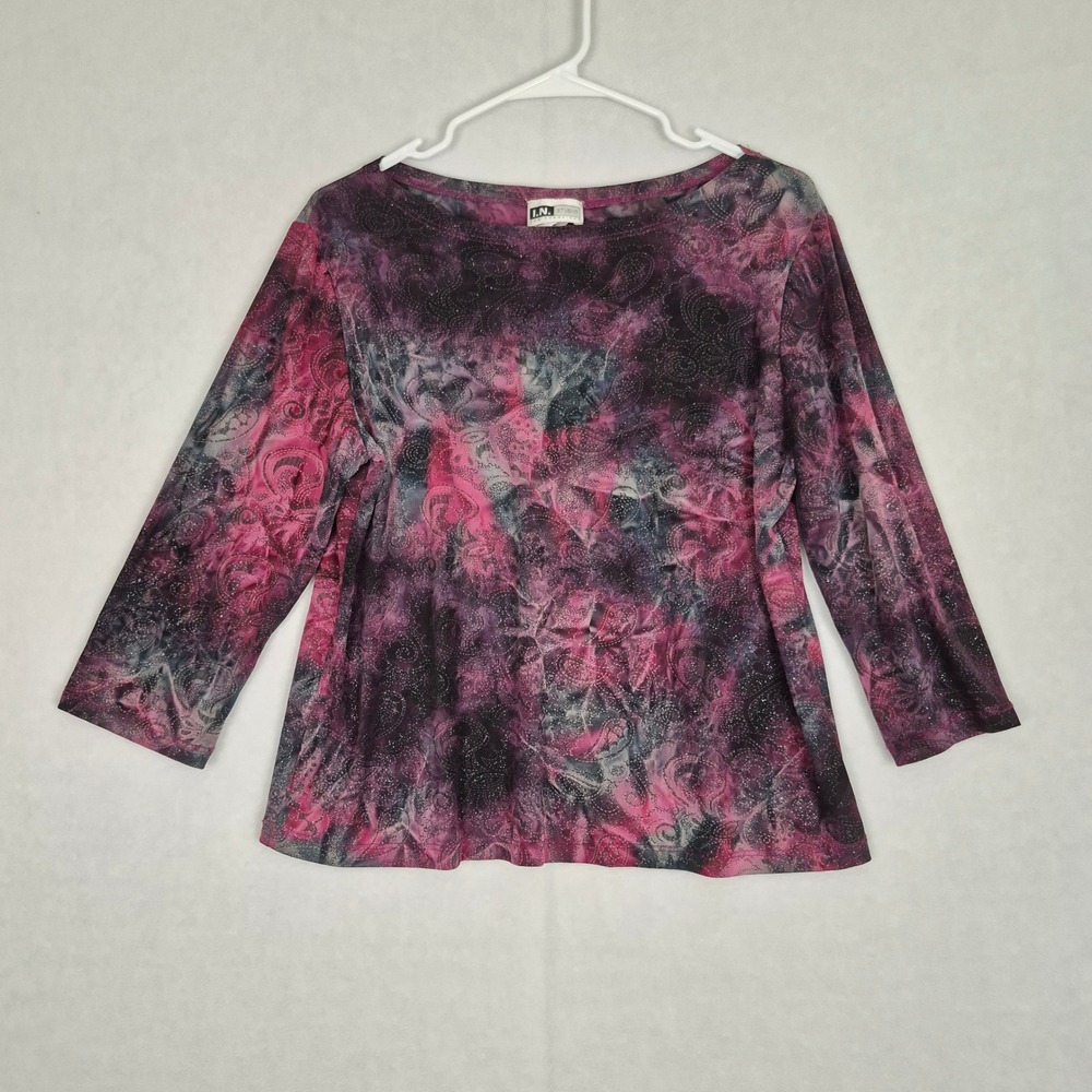 Womens XL Whimsigoth Paisley Glitter Boat Neck 3/4 Slv Blouse Pink Black Fairy